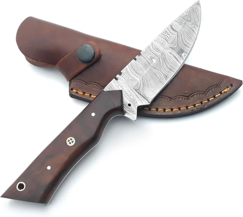 Custom Handmade Damascus Hunting Knife with Leather Sheath
