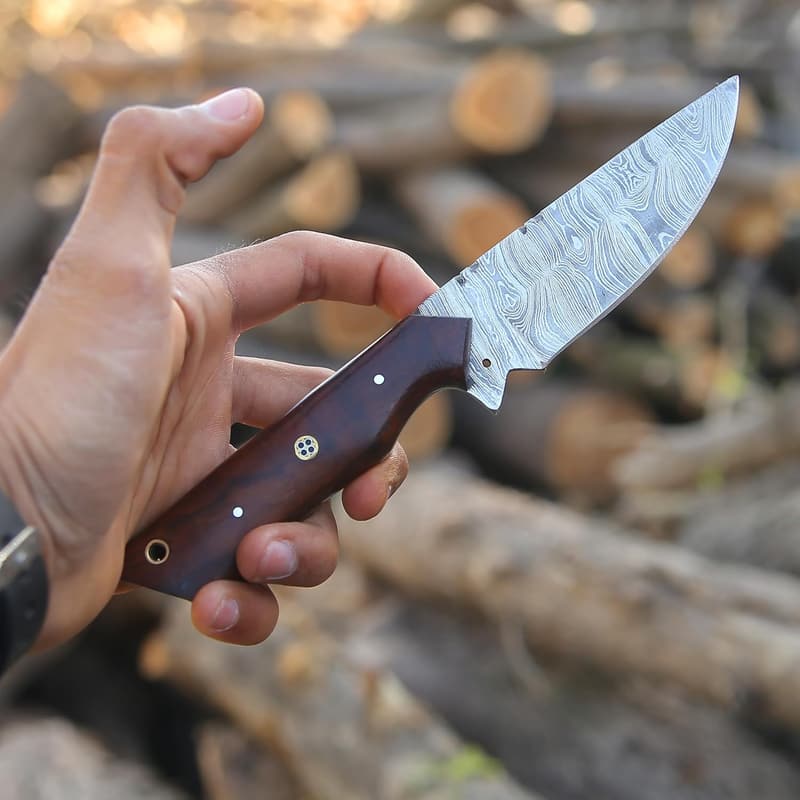 Custom Handmade Damascus Hunting Knife with Leather Sheath