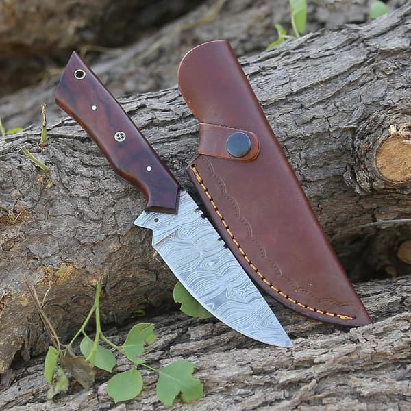 Custom Handmade Damascus Hunting Knife with Leather Sheath