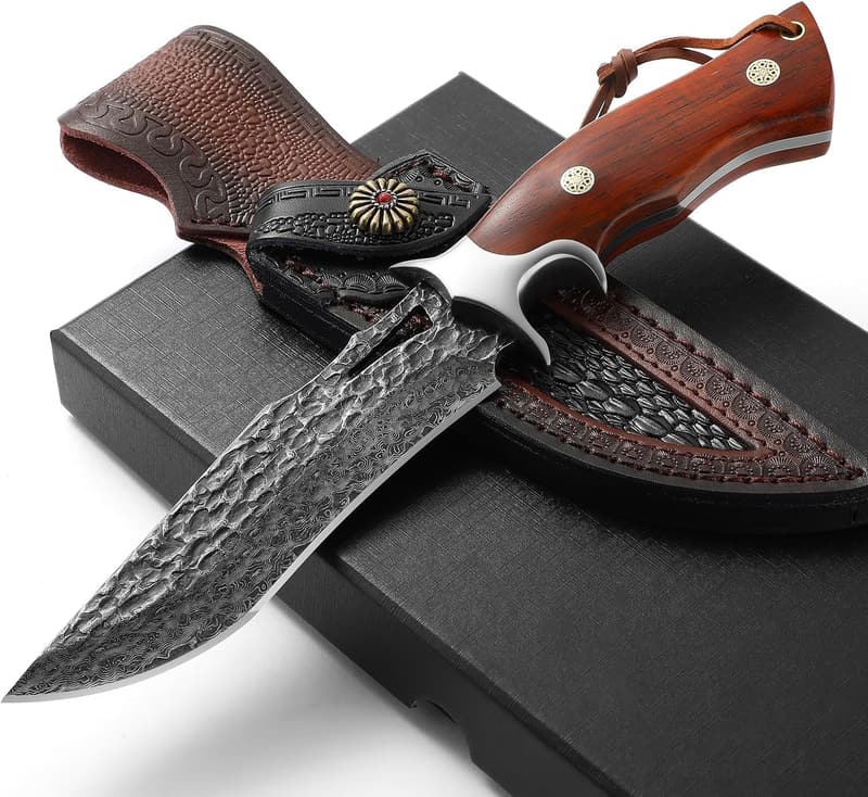 Handmade VG10 Damascus Bowie Knife with Leather Sheath