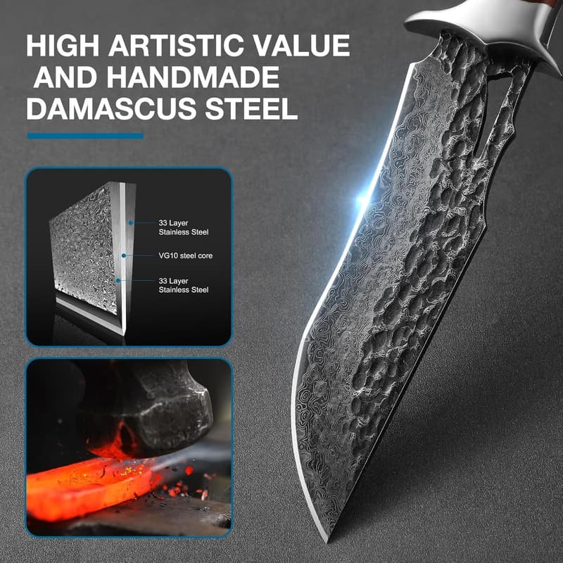 Handmade VG10 Damascus Bowie Knife with Leather Sheath