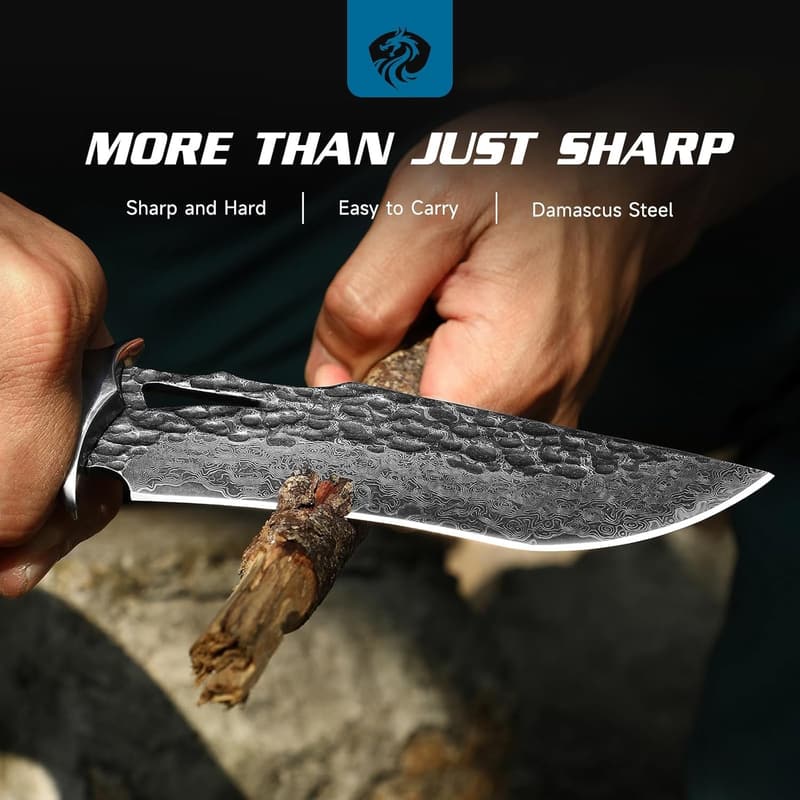 Handmade VG10 Damascus Bowie Knife with Leather Sheath