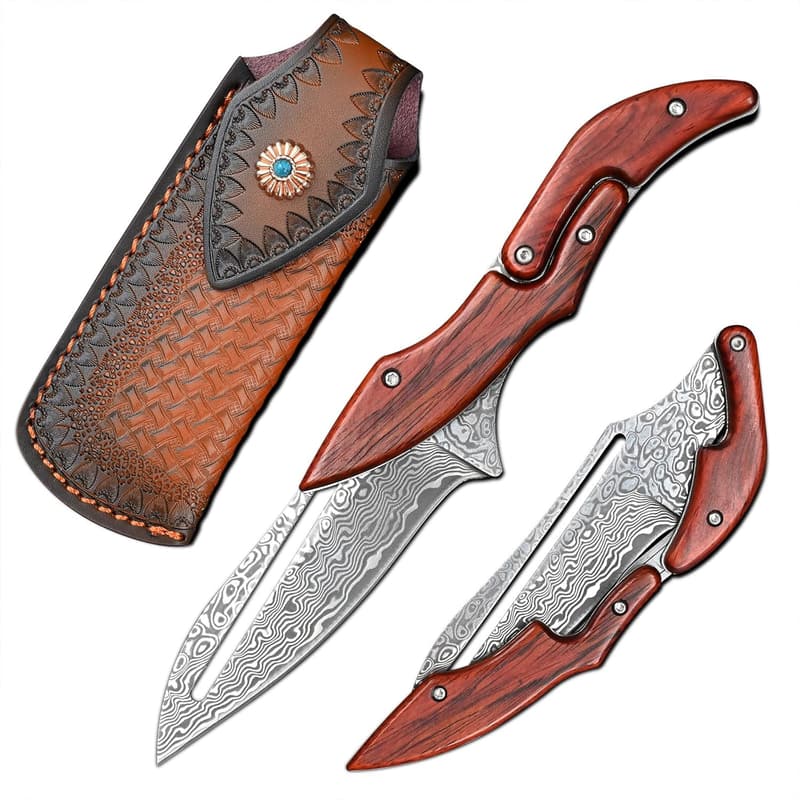 Damascus Steel Folding Pocket Knife with Yellow Sandalwood Handle
