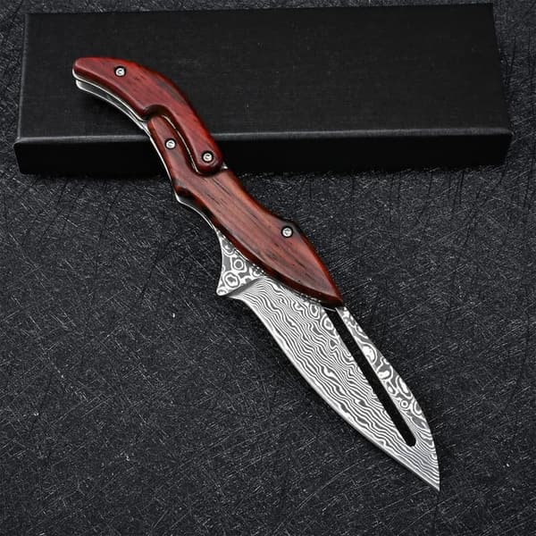 Damascus Steel Folding Pocket Knife with Yellow Sandalwood Handle