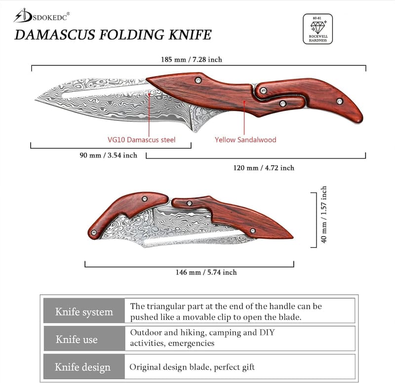 Damascus Steel Folding Pocket Knife with Yellow Sandalwood Handle