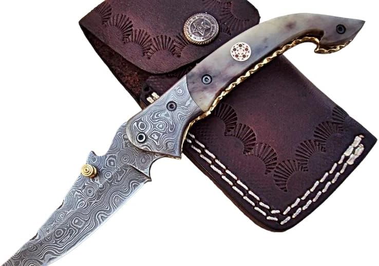 Custom Handmade Damascus Steel Folding Knife with Camel Bone Handle
