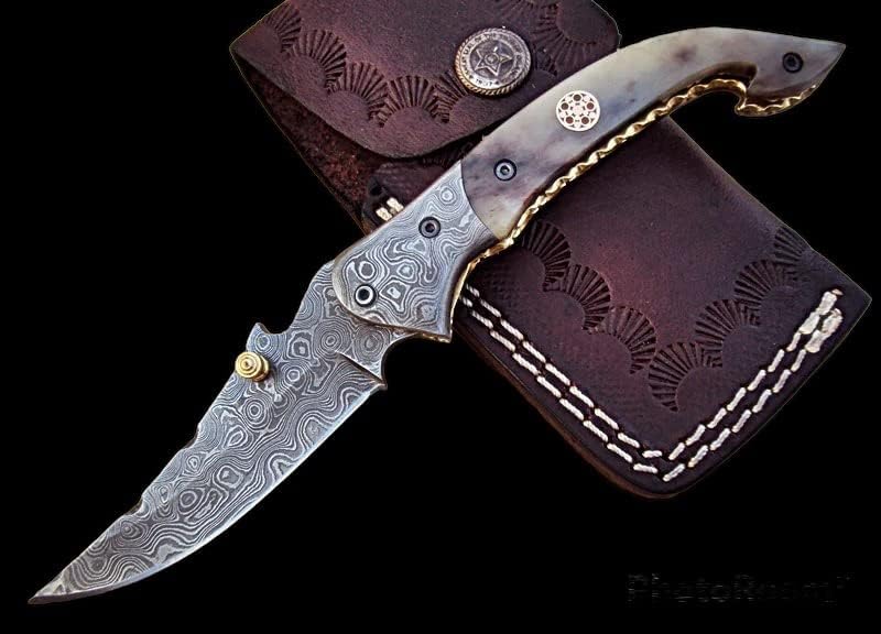 Custom Handmade Damascus Steel Folding Knife with Camel Bone Handle