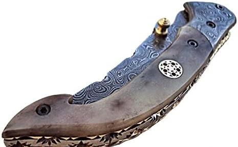 Custom Handmade Damascus Steel Folding Knife with Camel Bone Handle