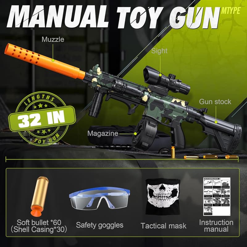 Manual Foam Blaster Toy Gun with 60 Soft Bullets - Green