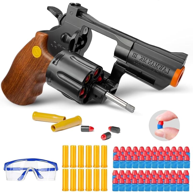 Shell Ejecting Toy Revolver with 80 Bullets and Goggles for Kids 6+