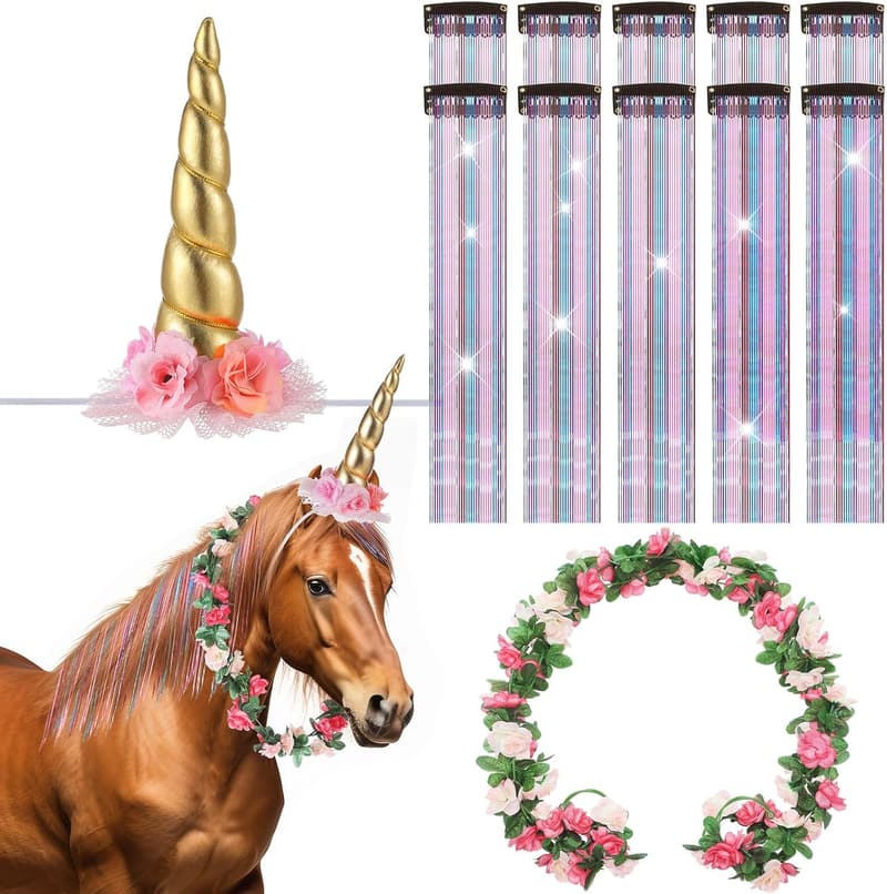 Horse Birthday Party Bling Accessories - 12 Pcs Floral Horn & Mane Clips