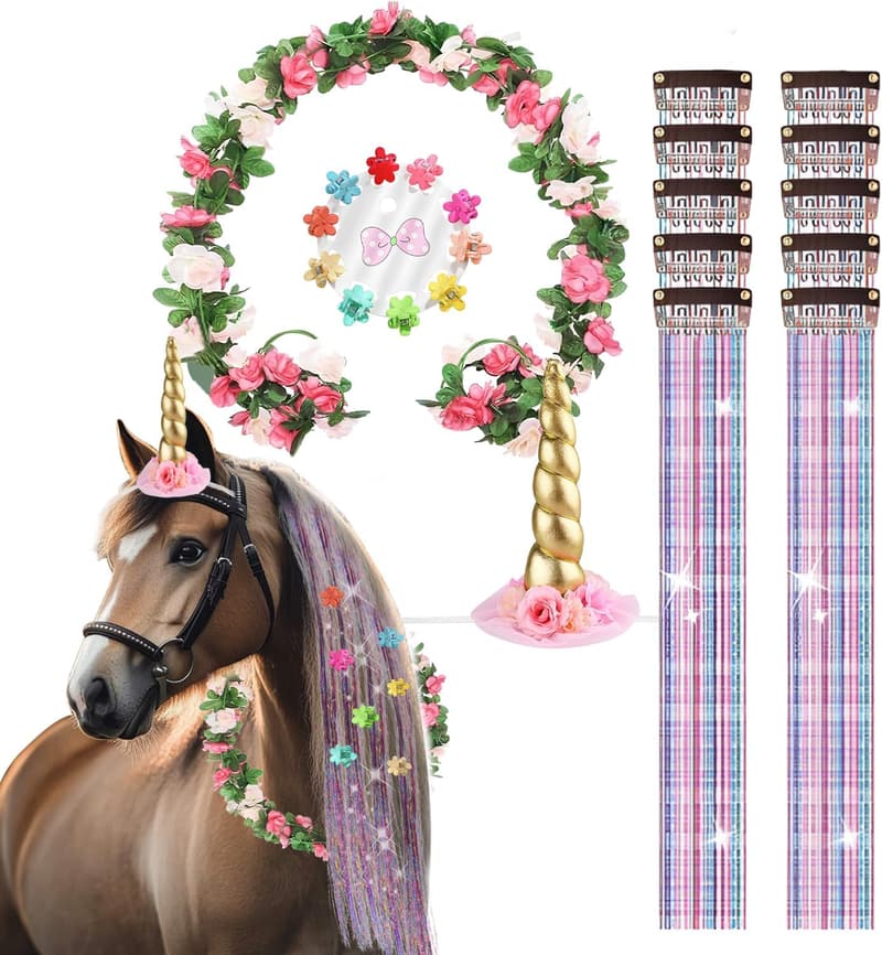 Horse Birthday Party Accessory Set with Unicorn Horn & Tail Extension