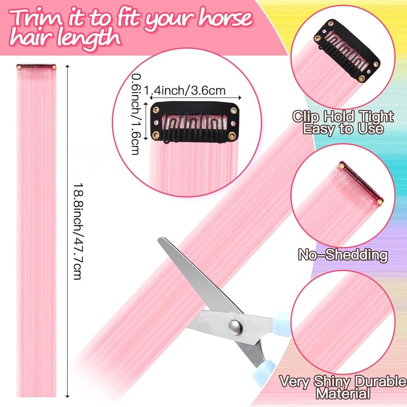 Unicorn Hair Extensions Clips for Horse Mane & Tail - 18 Pcs