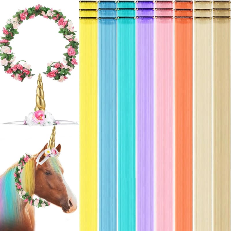 Colorful Horse Bling Hair Extensions Set with Unicorn Headband