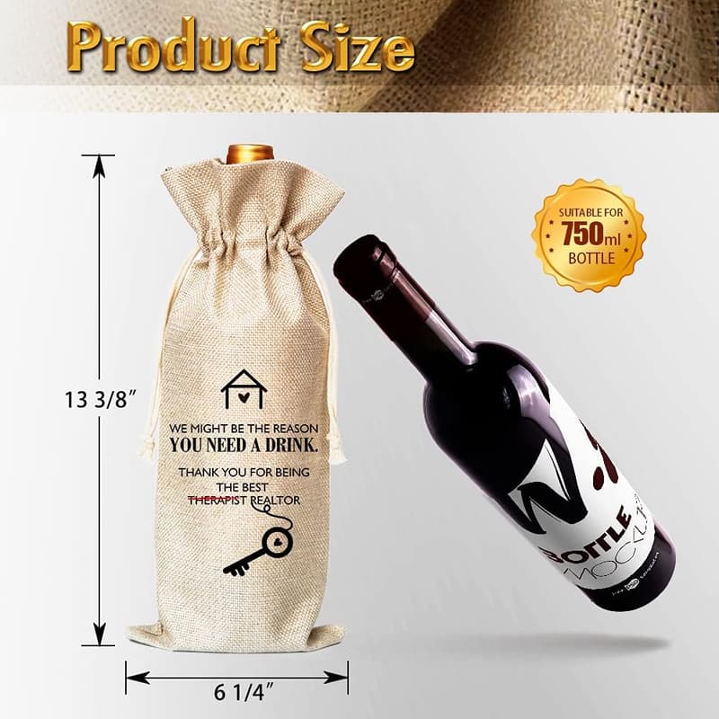Realtor Closing Gift - Cotton Linen Drawstring Wine Bag