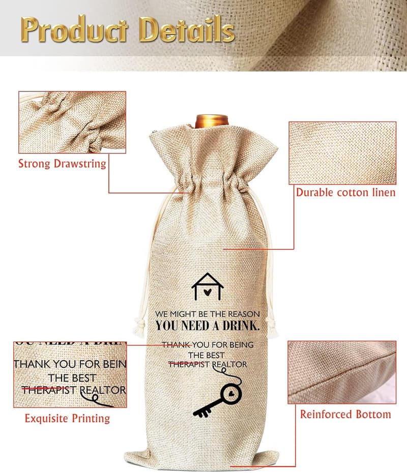 Realtor Closing Gift - Cotton Linen Drawstring Wine Bag