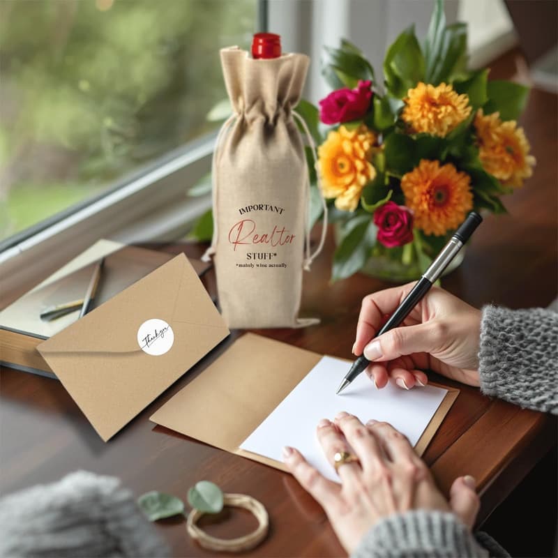 Closing Gift Wine Bag with Thank You Card for New Homeowners