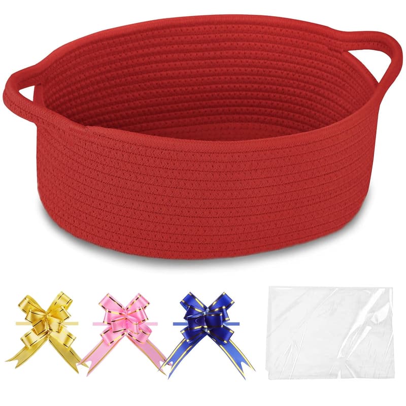 Red Cotton Rope Storage Basket with Handles for Baby Toys