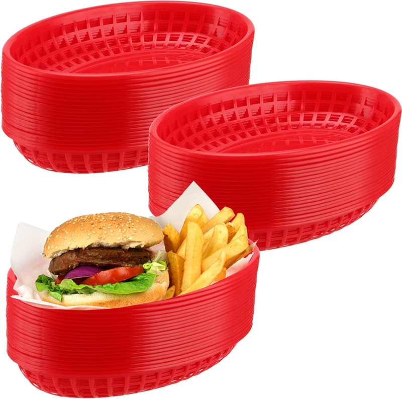 Red Plastic Fast Food Baskets - 60 Pack, 9x5.7x1.6 Inch