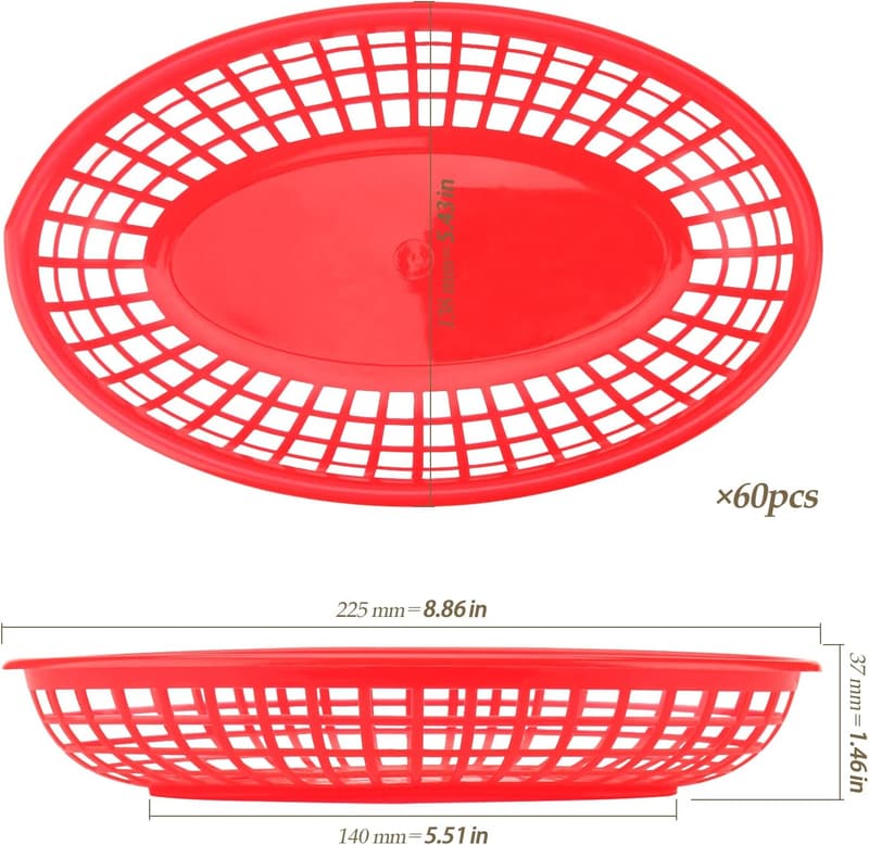 Red Plastic Fast Food Baskets - 60 Pack, 9x5.7x1.6 Inch