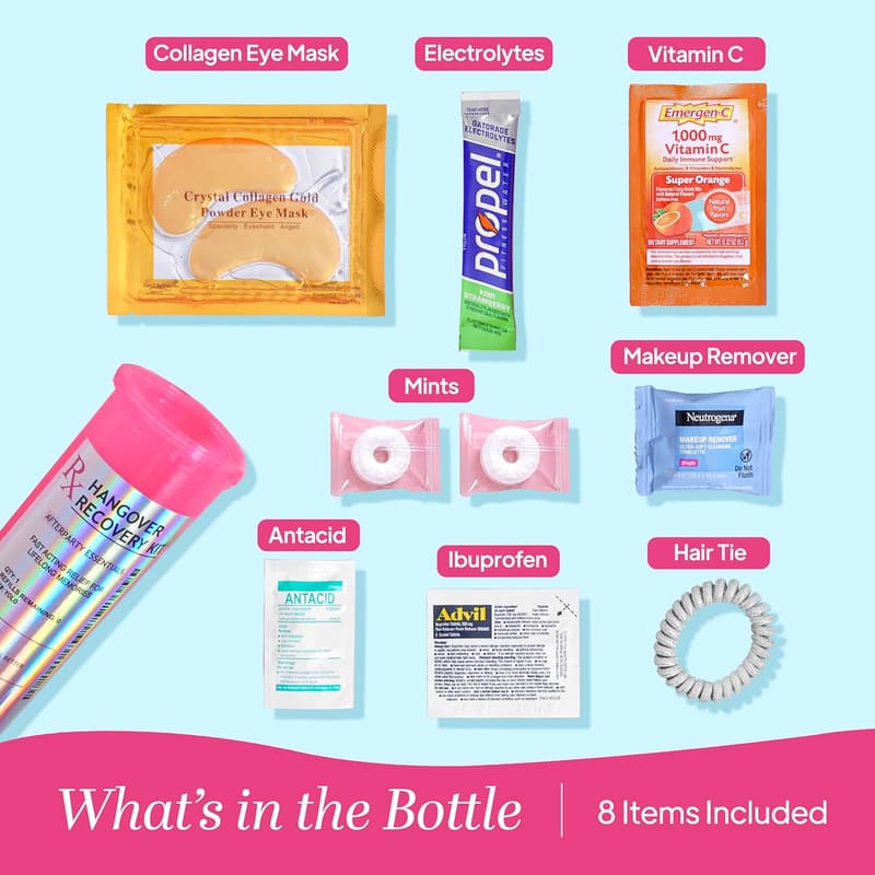 Bachelorette Party Hangover Kit in XL Pink Bottle, 8 Pieces