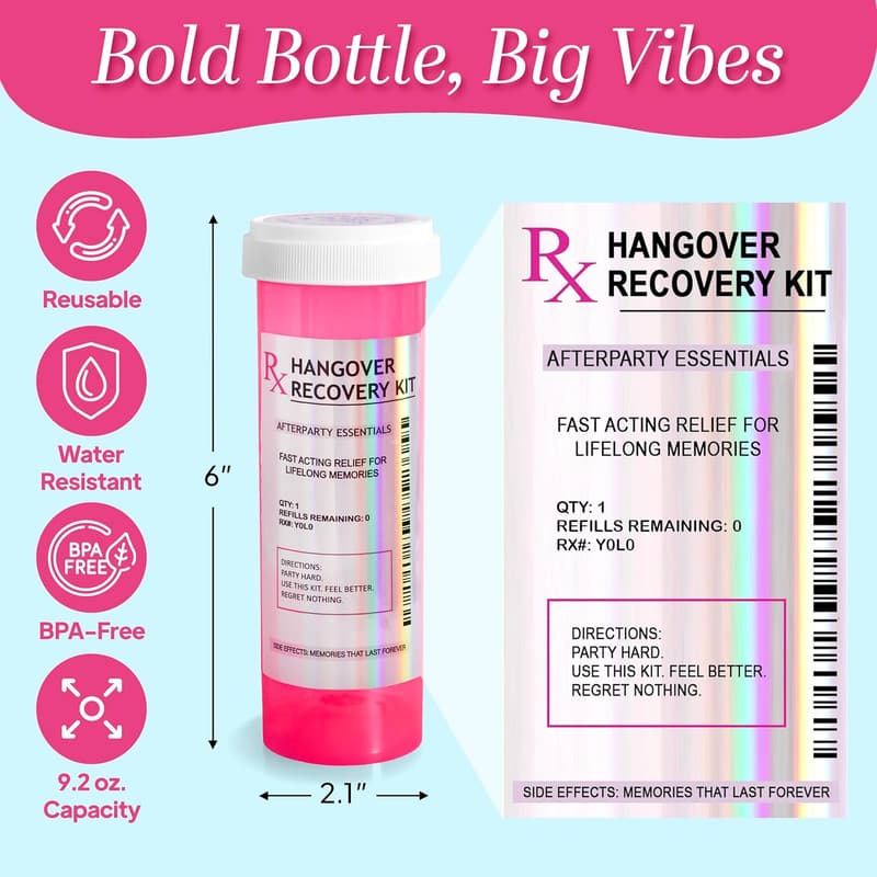 Bachelorette Party Hangover Kit in XL Pink Bottle, 8 Pieces