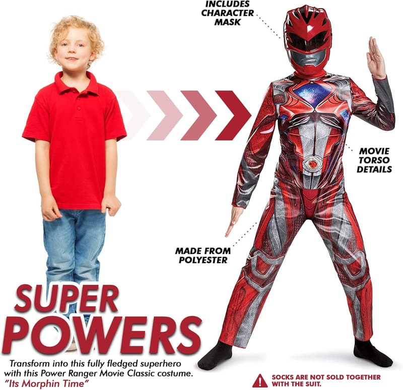 Kids Red Power Rangers Costume with Mask – Licensed Classic Suit