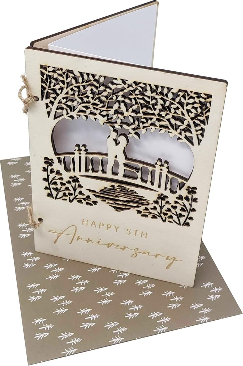 5th Anniversary Wooden Card with Couple Bridge Carving