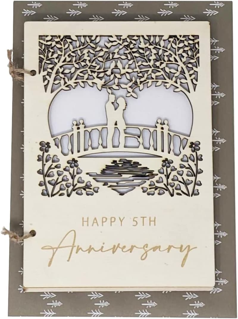 5th Anniversary Wooden Card with Couple Bridge Carving