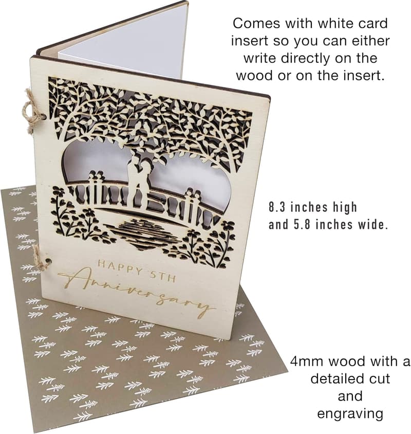 5th Anniversary Wooden Card with Couple Bridge Carving