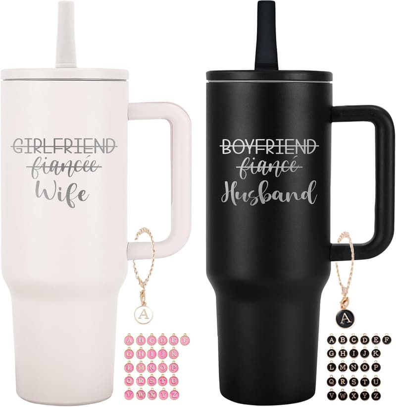 Engagement Gift: 40 oz Tumbler Set for Couples with Straws