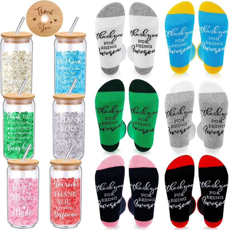 Employee Appreciation Gift Set: 12 Glass Cups & Socks for Women