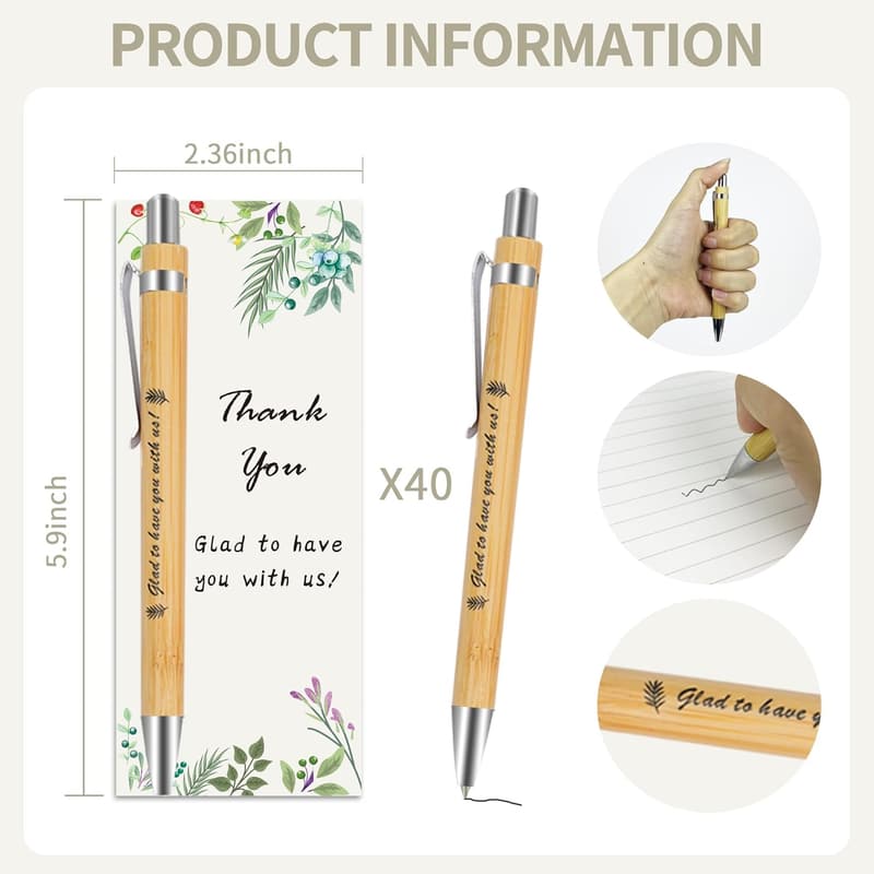 Employee Appreciation: 40 Bamboo Ballpoint Pens with Thank You Cards