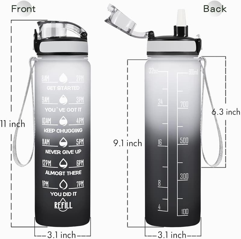 Leakproof Motivational Water Bottle with Straw for Fitness
