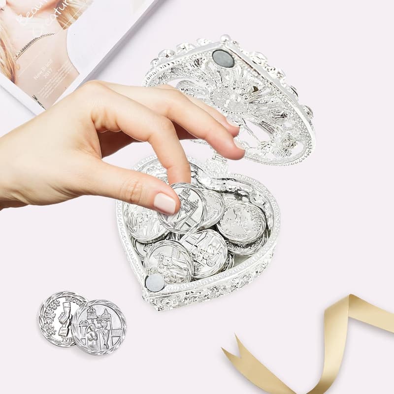 Wedding Arras Coins Set with Silver Heart Box & Rhinestones