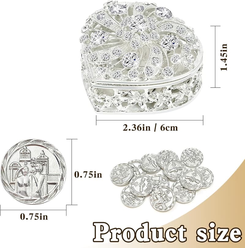 Wedding Arras Coins Set with Silver Heart Box & Rhinestones