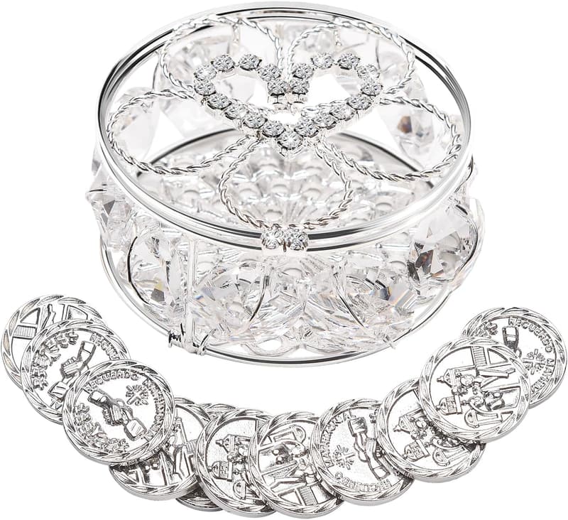 Catholic Wedding Arras Coin Set with Decorative Box and Crystals