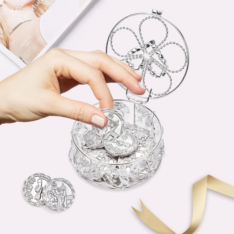 Catholic Wedding Arras Coin Set with Decorative Box and Crystals