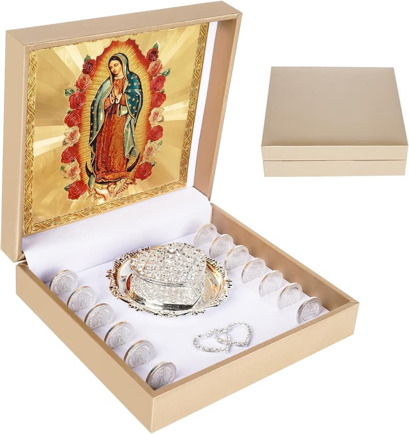 Catholic Wedding Arras Set with Virgen De Guadalupe Box