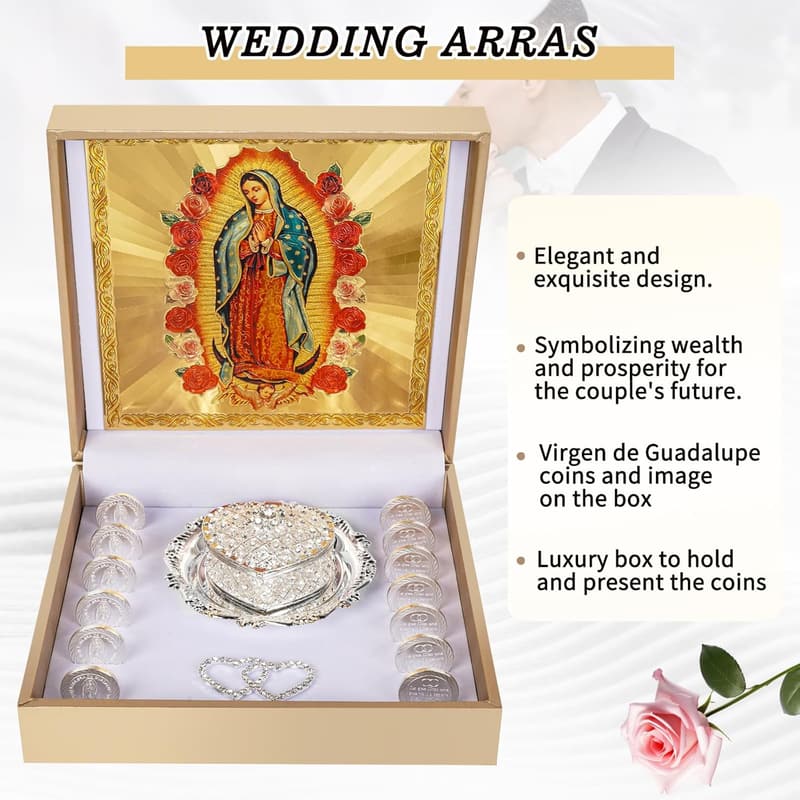 Catholic Wedding Arras Set with Virgen De Guadalupe Box