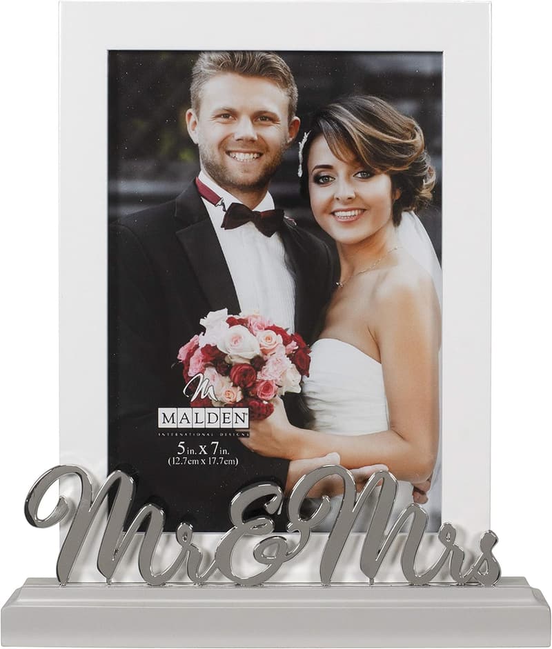 Mr & Mrs Wedding Picture Frame - 5x7 White MDF with Silver Accent