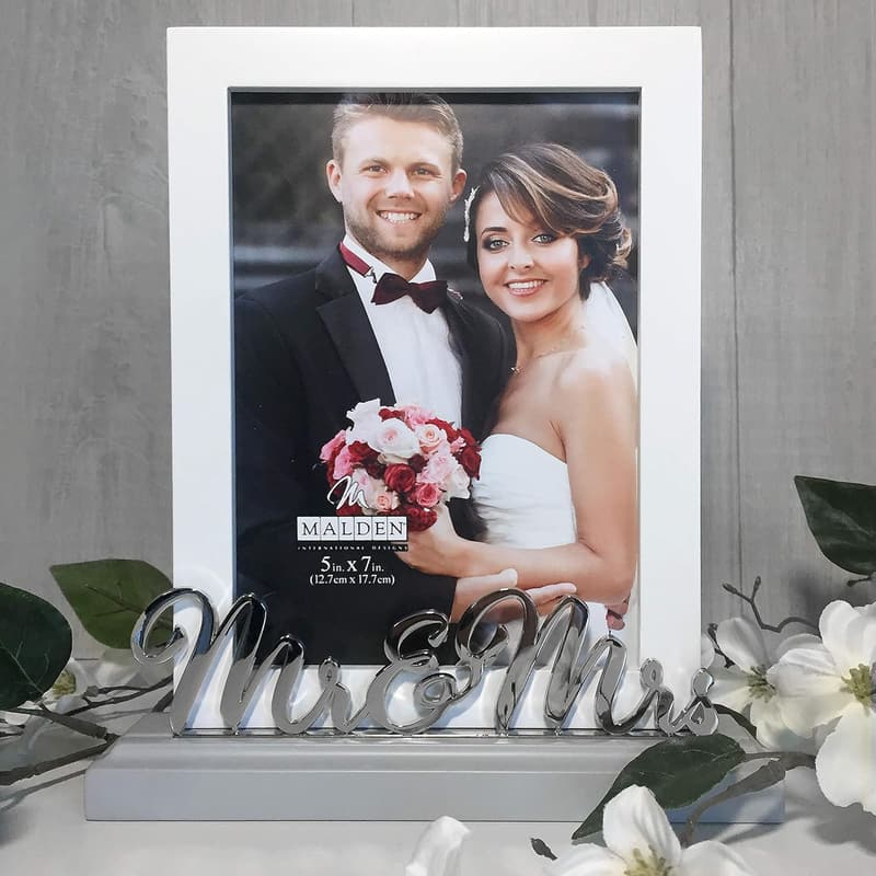 Mr & Mrs Wedding Picture Frame - 5x7 White MDF with Silver Accent