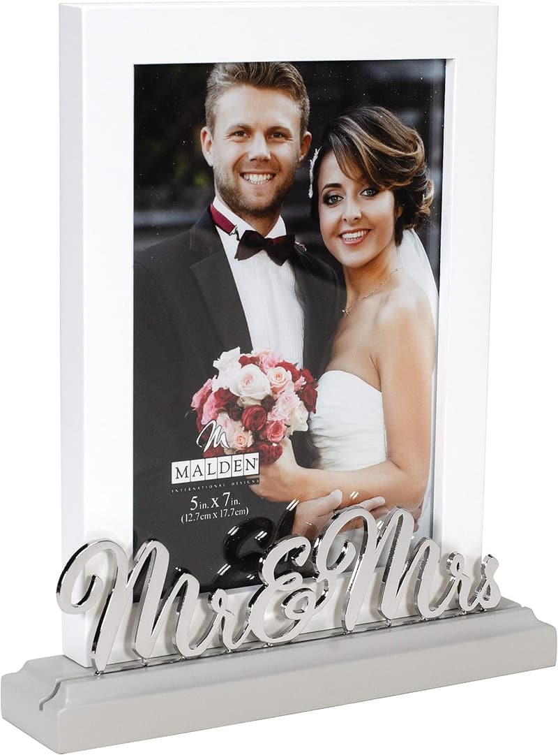 Mr & Mrs Wedding Picture Frame - 5x7 White MDF with Silver Accent