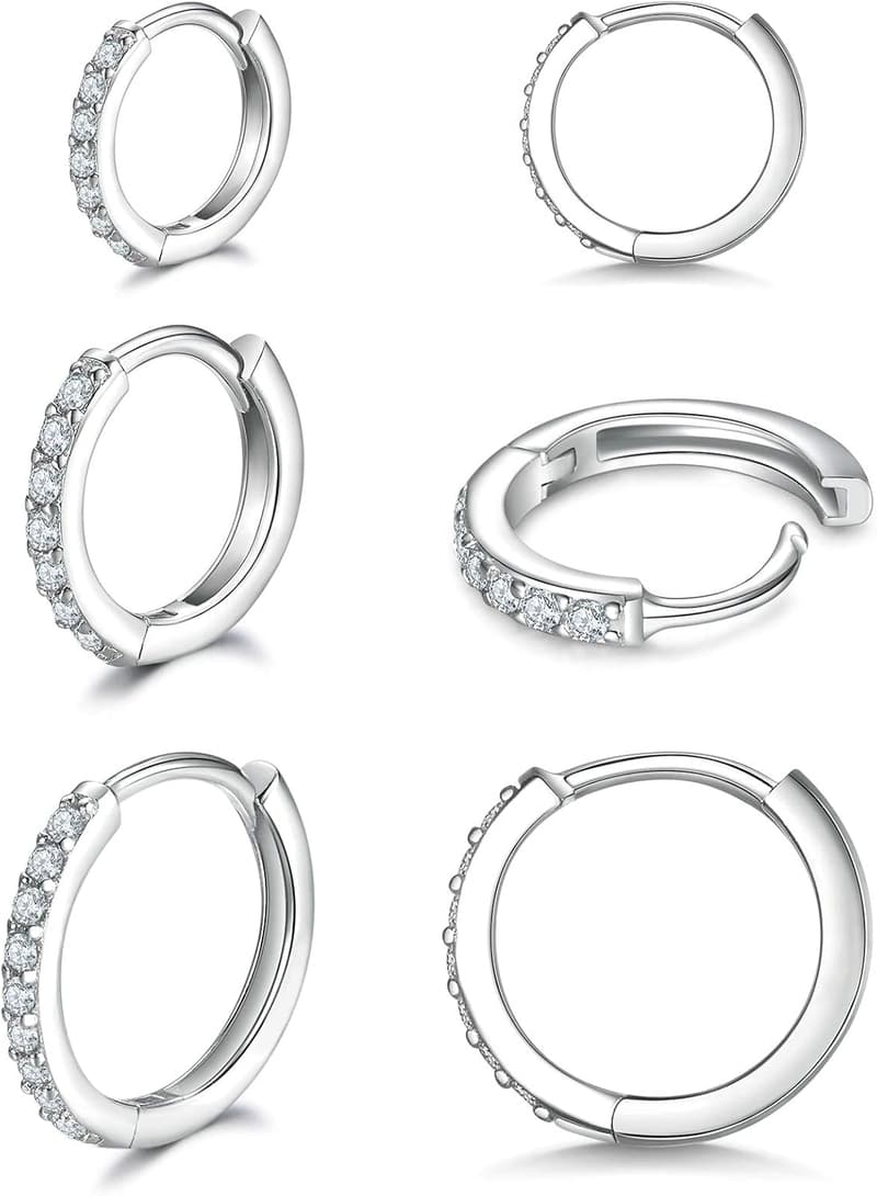 Small Hoop Earrings with Cubic Zirconia - 3 Pairs for Women & Men