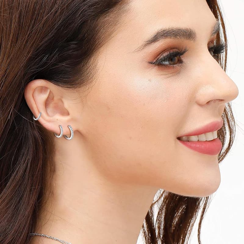 Small Hoop Earrings with Cubic Zirconia - 3 Pairs for Women & Men