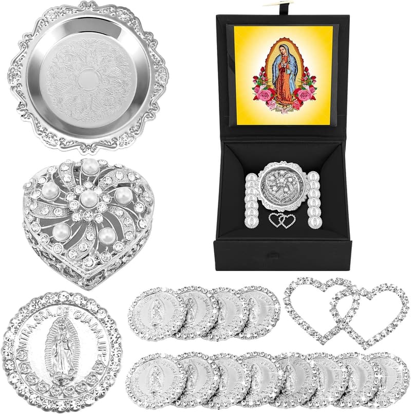 Virgen of Guadalupe Wedding Arras Coins Set with Heart Box