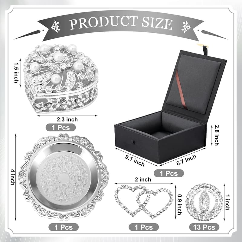 Virgen of Guadalupe Wedding Arras Coins Set with Heart Box