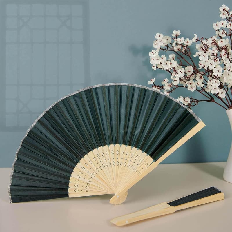 Emerald Green Silk Folding Fans - 5 Pack for Weddings & Events