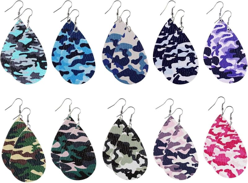 Camo Leather Teardrop Earrings Set for Women - 10 Pairs