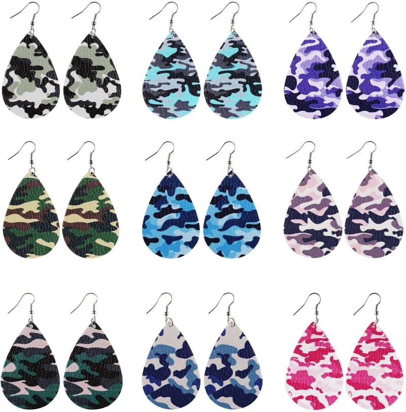 Camo Leather Teardrop Earrings Set for Women - 10 Pairs